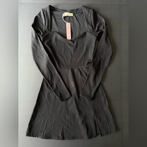 QINSEN Square Neck Bodice Dress Long Sleeve Side Slit Flare Mini